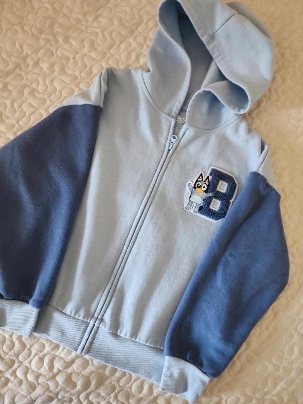 Light Blue Kids Hooded Zip-Up Sweatshirt with Navy Sleeves and Character Patch